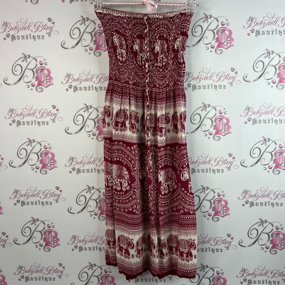Strapless dress elephants smocked Bohemian Red and White Strapless Maxi Dress